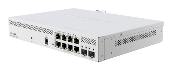 MikroTik Cloud Smart Switch with 8 PoE Gigabit Ethernet ports, 2 SFP+ ports, and desktop enclosure for network expansion.