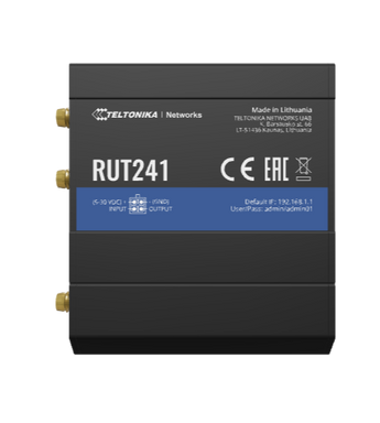 Teltonika RUT241 industrial router with 4G LTE, Wi-Fi, two Ethernet ports, and an eSIM slot for IoT and M2M applications.