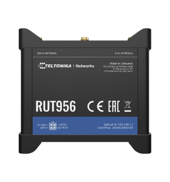 Teltonika RUT956: Industrial 4G router with dual SIM slots, RS232/RS485 ports, antenna connectors and I/O for remote automation.