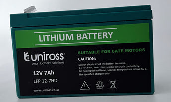 Uniross 12.8V 7Ah LiFEPO4 battery; a rectangular power storage solution for high-drain devices, featuring a durable casing and standard terminals.