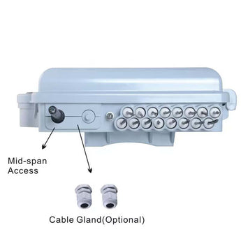 Acconet Distribution Box 16 Core, unpopulated, showing ports for fiber optic cable connections and tidy network organization.