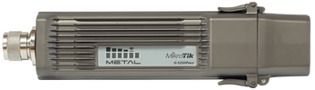 MikroTik Metal 52 ac outdoor access point. Silver, ruggedized enclosure with N-male connector and included omnidirectional antenna.