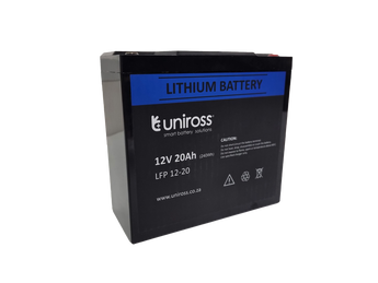 Uniross 12.8V 20Ah (256Wh) LiFEPO4 battery; UR-BAT-LiFePO4-12-20. A rechargeable lithium iron phosphate battery for power solutions.