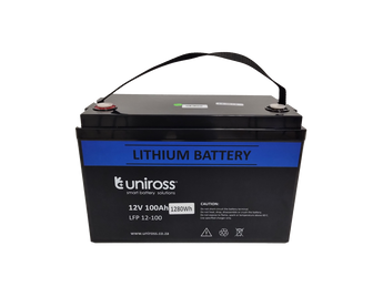Uniross 12.8V 100Ah LiFEPO4 battery, model UR-BAT-LiFePO4-12-100. A rectangular power solution with visible terminals.