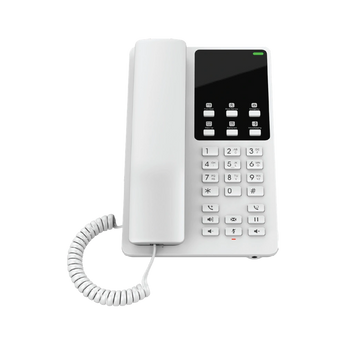 Grandstream GHP620 white hotel phone with 2 lines, SIP accounts, HD speaker, and programmable keys. Designed for hospitality and business use.