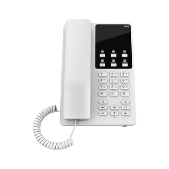 Grandstream GHP620 white hotel phone with 2 lines, SIP accounts, HD speaker, and programmable keys. Designed for hospitality and business use.
