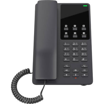Black Grandstream GHP621 hotel phone with 2 lines and SIP accounts. Compact design suitable for hotel guest rooms and hospitality environments.