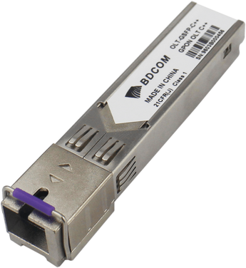 BDCOM GPON OLT SFP module, Class C++, used in OLTs for fiber optic networks. Features an SC interface, 2.5G downlink, and 1.25G uplink.