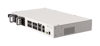 MikroTik Cloud Router Switch QSFP28 (MT-RBCRS510-8XS-2XQ-IN) with 8x25Gb SFP28 ports, 2x100Gb QSFP28 ports, and dual power supplies.