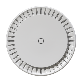 MikroTik cAP ax ceiling-mounted WiFi 6 access point with dual-band 1800Mbps speeds, featuring two Gigabit Ethernet ports and PoE support.