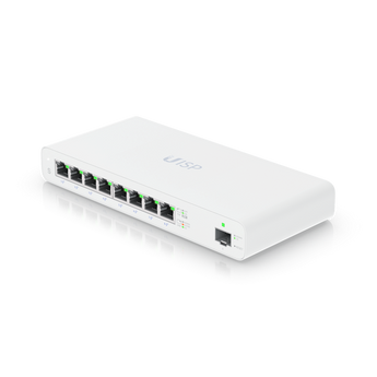 Ubiquiti UISP-S switch with 8 Gigabit PoE ports, 1 SFP port, and fanless design, ideal for WISP deployments and MicroPop networks.