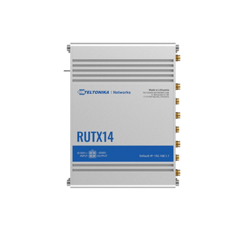 Teltonika RUTX14 industrial cellular router with antennas, dual SIM slots, Gigabit Ethernet ports, and Wi-Fi 5 for fast, reliable 4G LTE Cat 12 connectivity.