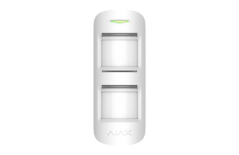 White AJAX MotionProtect Outdoor wireless motion detector; detects motion while ignoring pets, includes anti-masking protection.