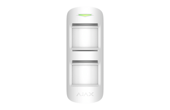 White AJAX MotionProtect Outdoor wireless motion detector; detects motion while ignoring pets, includes anti-masking protection.