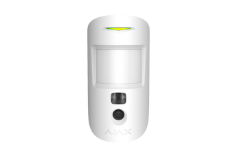 White AJAX MotionCam PhoD wireless motion sensor. Captures photos on demand and during alarms for visual verification.