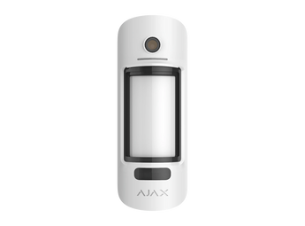 AJAX MotionCam Jeweller, white wireless outdoor motion detector with photo verification, showing its sleek design and outdoor capabilities.