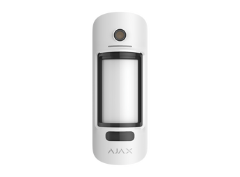 AJAX MotionCam Jeweller, white wireless outdoor motion detector with photo verification, showing its sleek design and outdoor capabilities.