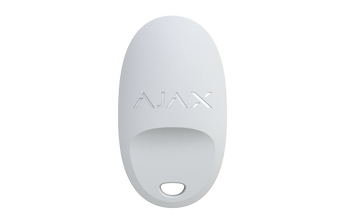 White Ajax SpaceControl key fob with four buttons for arming, disarming, and triggering panic alarms on Ajax security systems.