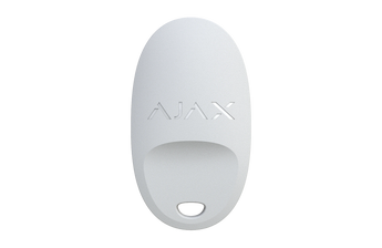 White Ajax SpaceControl key fob with four buttons for arming, disarming, and triggering panic alarms on Ajax security systems.