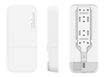 MikroTik wAP 60 G 60GHz CPE unit. A small, white, circular wireless device for creating high-speed point-to-point connections.