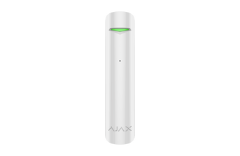 AJAX Security GlassProtect Jeweller, white wireless indoor glass break detector. Detects broken glass sounds for enhanced security.