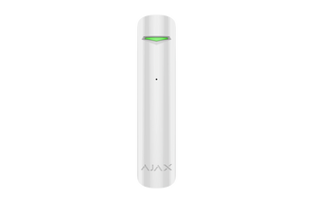 AJAX Security GlassProtect Jeweller, white wireless indoor glass break detector. Detects broken glass sounds for enhanced security.