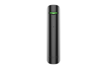 AJAX GlassProtect Jeweller, black wireless indoor glass break detector for enhanced security. Detects glass breaking sounds.
