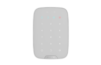 AJAX Security Keypad Plus Jeweller, a white wireless indoor keypad with touch controls and RFID reader for arming/disarming your Ajax system.