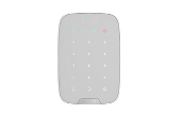 AJAX Security Keypad Plus Jeweller, a white wireless indoor keypad with touch controls and RFID reader for arming/disarming your Ajax system.