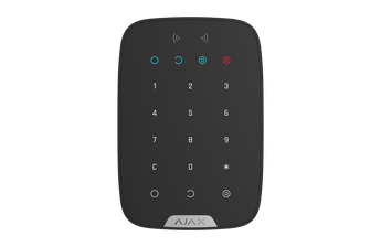 Wireless black Ajax Keypad Plus Jeweller (AJAX-KP-PLUS-B) for indoor security system control, featuring a touch keyboard.
