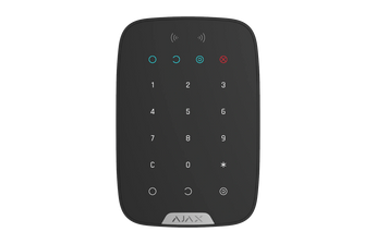Wireless black Ajax Keypad Plus Jeweller (AJAX-KP-PLUS-B) for indoor security system control, featuring a touch keyboard.