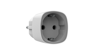 White AJAX smart plug for home automation and energy monitoring. Wireless design. Connects to AJAX security systems.
