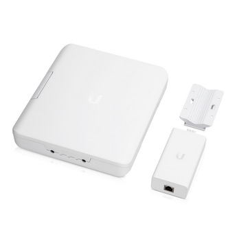 Weatherproof outdoor enclosure for Ubiquiti UniFi Switch Flex, includes PoE adapter and Ethernet cable for easy installation.