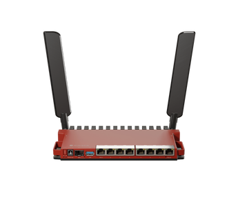 MikroTik L009UiGS-2HaxD-IN desktop router with 2.5Gb SFP port, eight Gigabit Ethernet ports, and 2.4GHz AX Wi-Fi antenna.