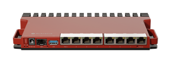 MikroTik L009UiGS-RM: 1U rackmount router with 8x Gigabit Ethernet ports and a 2.5Gbps SFP port. Dual-core ARM CPU.