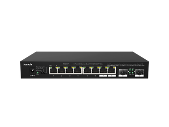 Tenda TEM2010F: 8-port 2.5G Ethernet switch with two 2.5G SFP slots. Desktop or wall-mountable, offering high-speed networking.