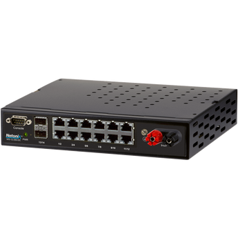 Netonix WS-12-250-DC: 12-port managed PoE switch with 2 SFP uplink ports, supporting 24V/48V DC input and 250W PoE output.