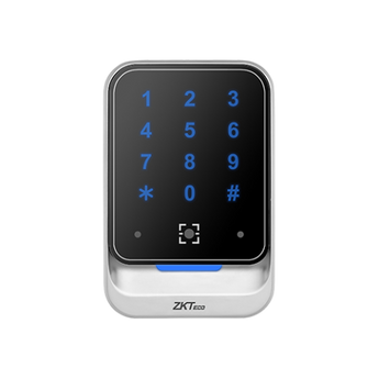 ZKTeco QR600KH-E reader: IP65 metal case, scans QR codes, reads RFID cards, and connects via Wiegand & RS485 for access control.