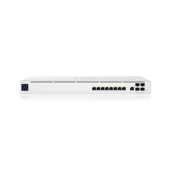 Ubiquiti UISP Router Pro with SGCC steel and polycarbonate/ABS enclosure, showing RJ45 data ports and SFP+ connectivity.