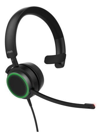 Snom A330M mono over-ear headset with microphone, USB and 3.5mm connectors for VoIP calls, featuring passive noise cancellation.