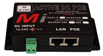 Micro Instruments Gb DC PoE Injector, converting 12V/24V DC input to 48V PoE output, up to 30W. Powers devices remotely.