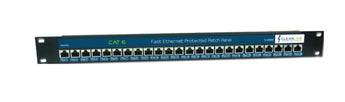 Clear Line 24-port Gigabit rackmount PoE surge arrestor CAT6 patch panel, used to protect network equipment from power surges.