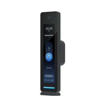 Black Ubiquiti UniFi Access Reader G2 Professional with touchscreen display, used for secure door entry via NFC or intercom.