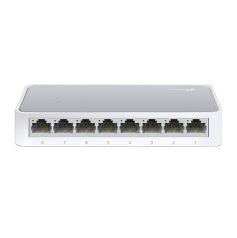TP-Link TL-SF1008D: 8-port 10/100Mbps mini desktop switch with RJ45 ports for easy network expansion in homes or small offices.