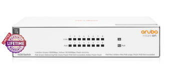 HPE Instant On 1430 8-port Gigabit Ethernet PoE switch. Compact design with 8 PoE ports for powering devices like IP cameras and phones.