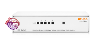 HPE Instant On 1430 5-port Gigabit Ethernet switch. Fanless, compact design for quiet network connectivity in small offices.