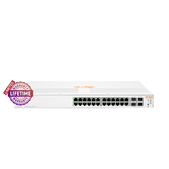 HPE Instant On 1930 24-port Gigabit switch with 4 SFP+ ports, providing high-speed networking for small businesses.