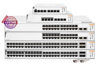 HPE Instant On 1830 24-port Gigabit switch with 12 PoE+ ports providing 195W total power for powering devices.