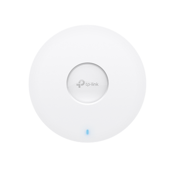 TP-Link AXE11000 ceiling-mounted WiFi 6E access point with smart antennas, designed for high-density environments, offering 10G Ethernet and PoE++.