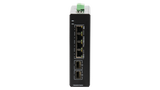 BDCOM IS200-2S4P industrial switch: 4 Gigabit PoE+ ports, 2 SFP ports, managed, metal housing, DIN-Rail mount for reliable network connectivity.